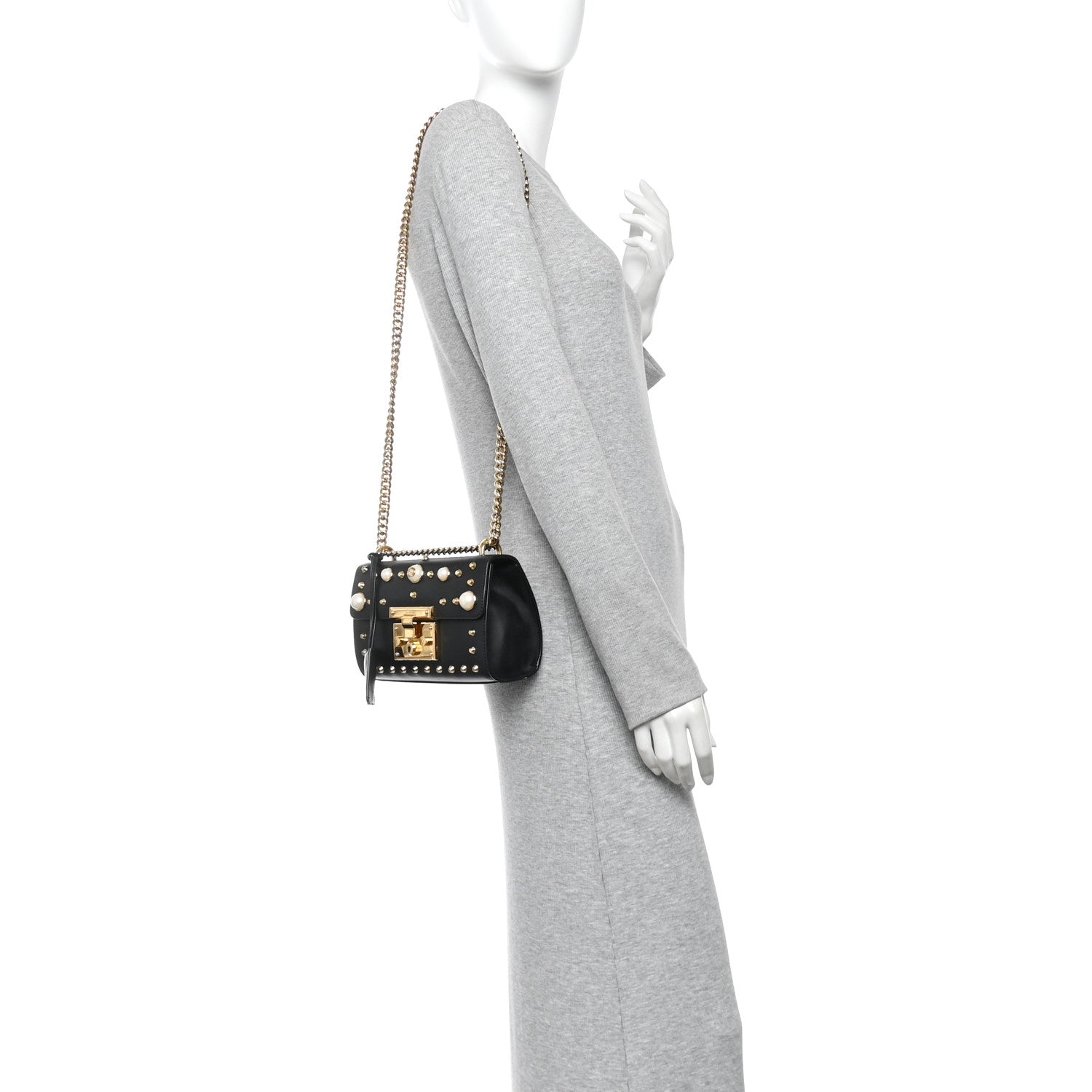 Calfskin Studded Small Padlock Shoulder Bag Black