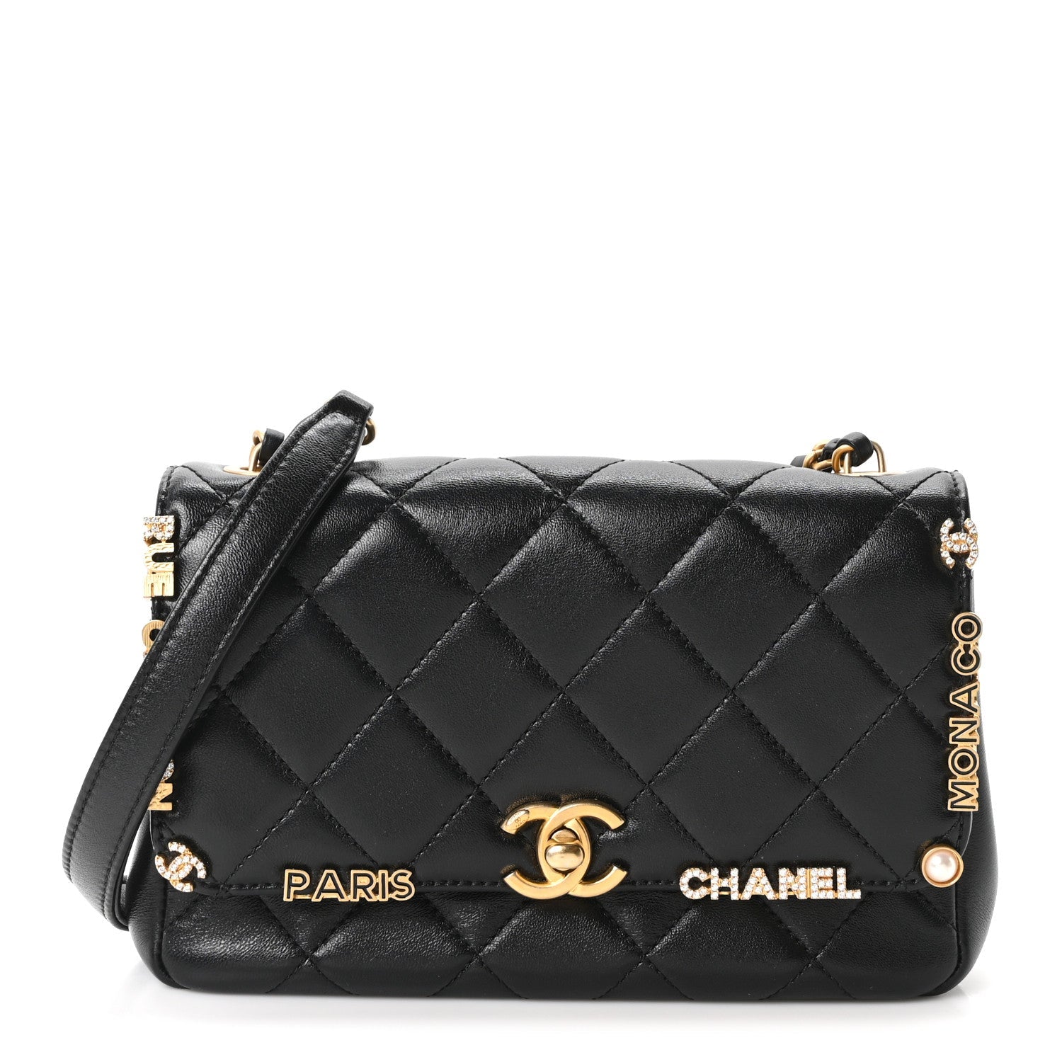 Lambskin Enamel Strass Quilted Mini Paris Monaco Flap Black
