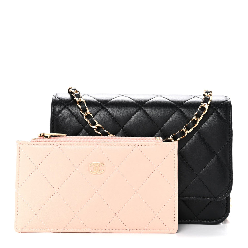 Lambskin Quilted Mini Wallet on Chain WOC Black Pink