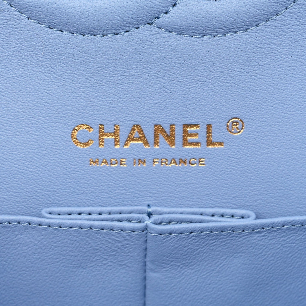 Lambskin Quilted Medium Double Flap Light Blue