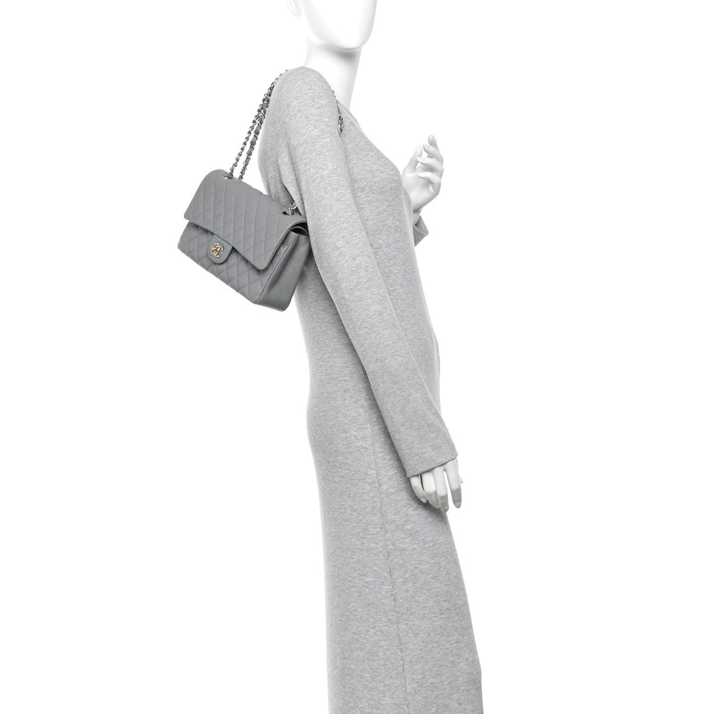 Caviar Quilted Medium Double Flap Grey