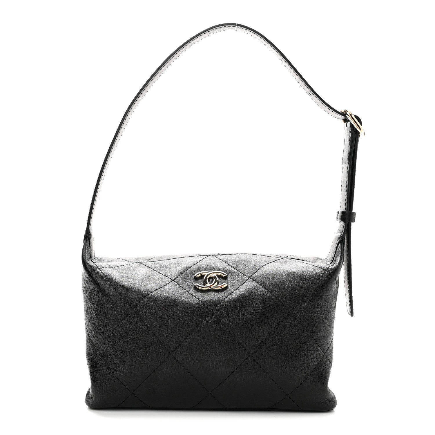 Shiny Lambskin Quilted Large Hobo Bag Black