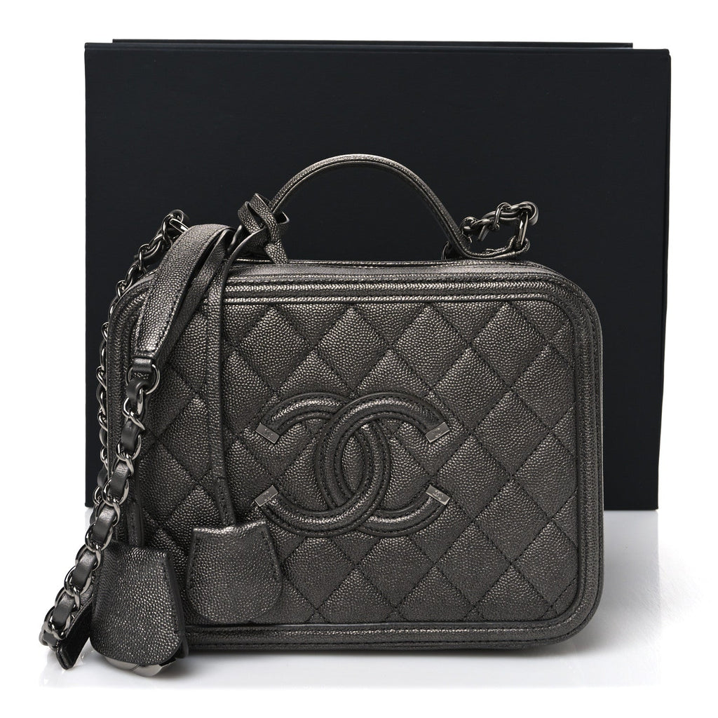 Metallic Caviar Quilted Medium CC Filigree Vanity Case Dark Silver
