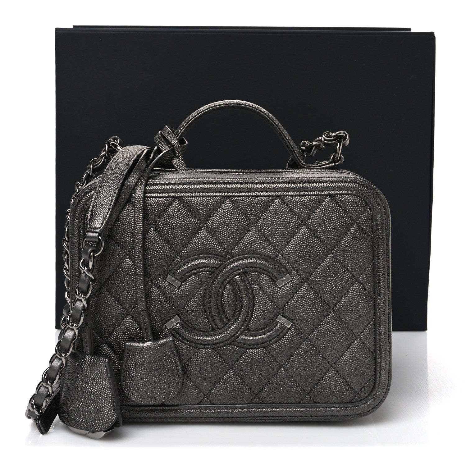 Metallic Caviar Quilted Medium CC Filigree Vanity Case Dark Silver