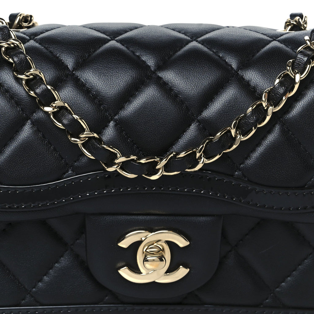 Shiny Lambskin Quilted Half Mini Flap Black