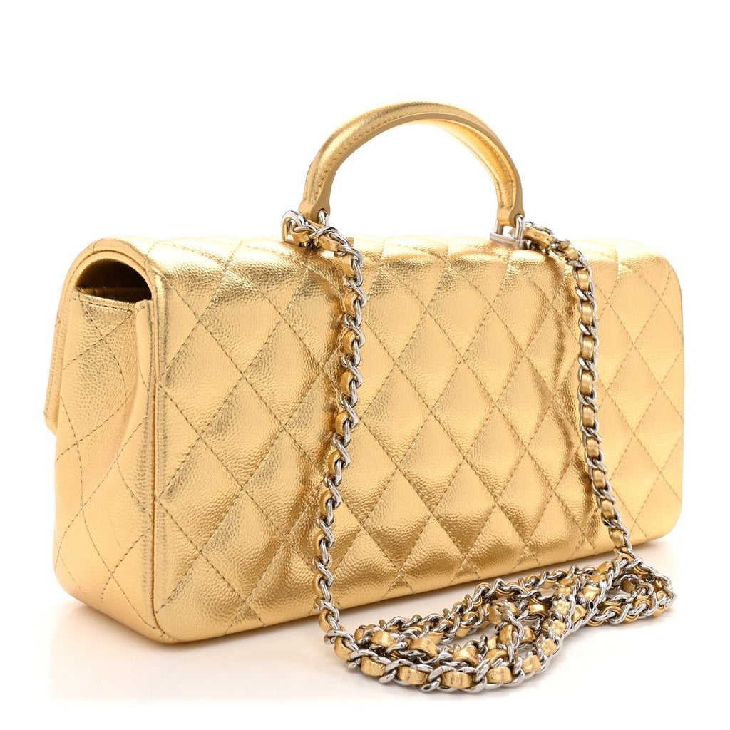 Metallic Caviar Quilted Top Handle East West Flap Gold