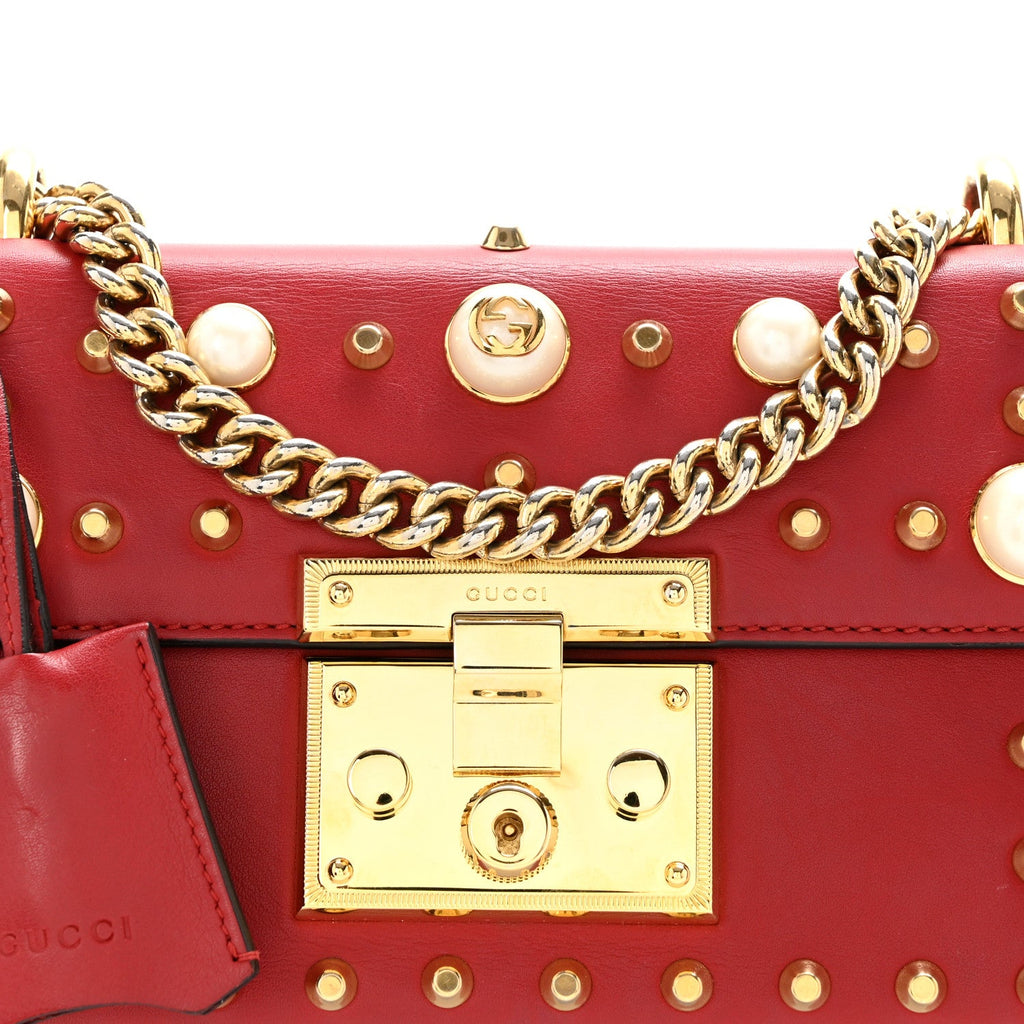 Calfskin Studded Small Padlock Shoulder Bag Hibiscus Red