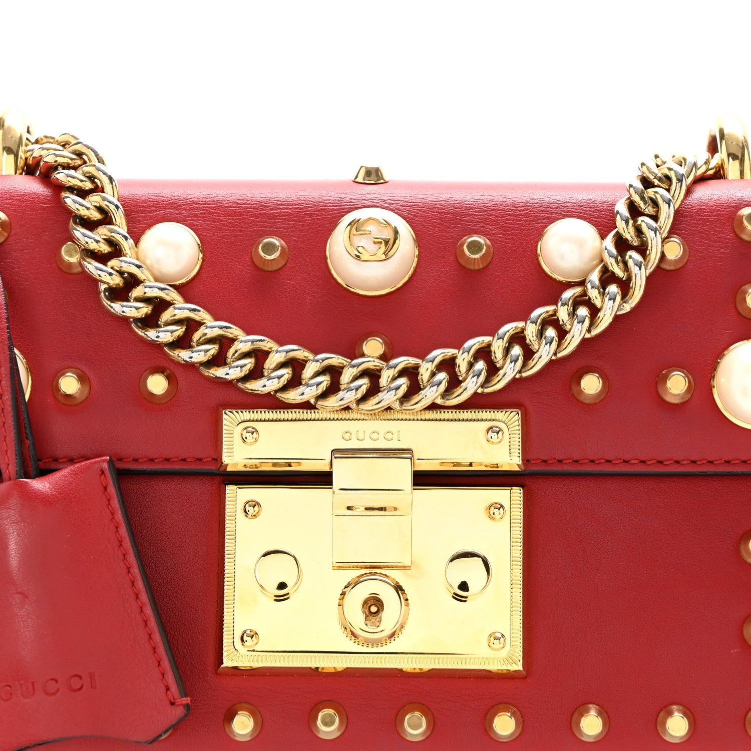 Calfskin Studded Small Padlock Shoulder Bag Hibiscus Red