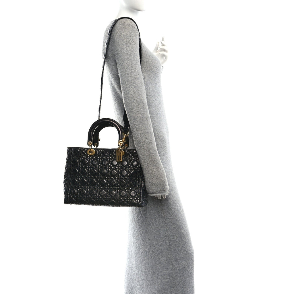 Crinkled Patent Cannage Large Lady Dior Black