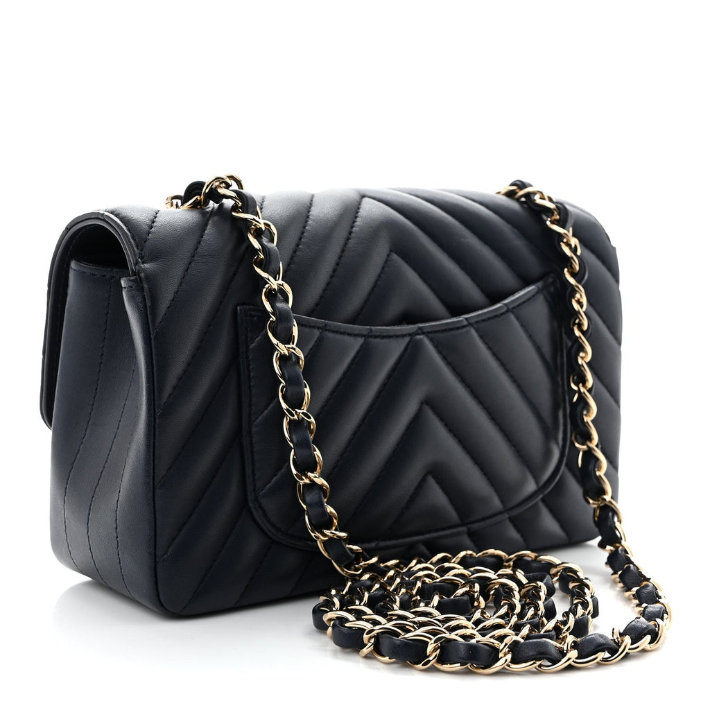 Lambskin Chevron Quilted Mini Rectangular Flap Navy