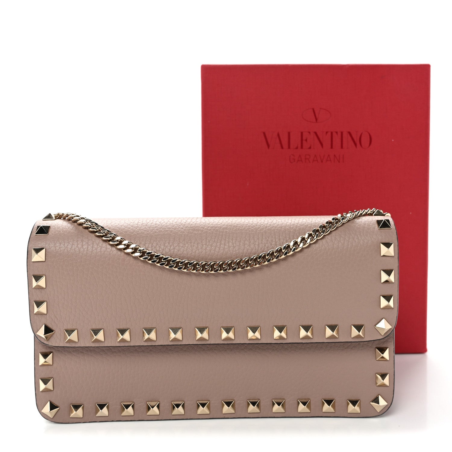 Pebbled Calfskin Rockstud Flap Wallet On Chain Poudre