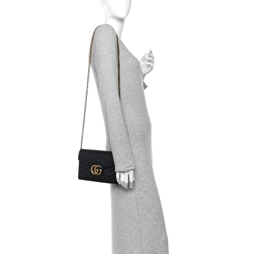 Calfskin Matelasse GG Marmont Chain Wallet Black Black