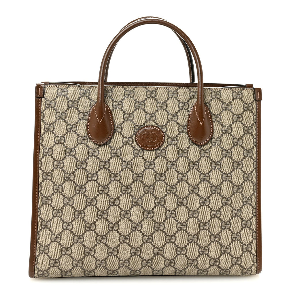 GG Supreme Monogram Azalea Calfskin Small Retro Interlocking G Tote Bag Beige Ebony Brown Sugar