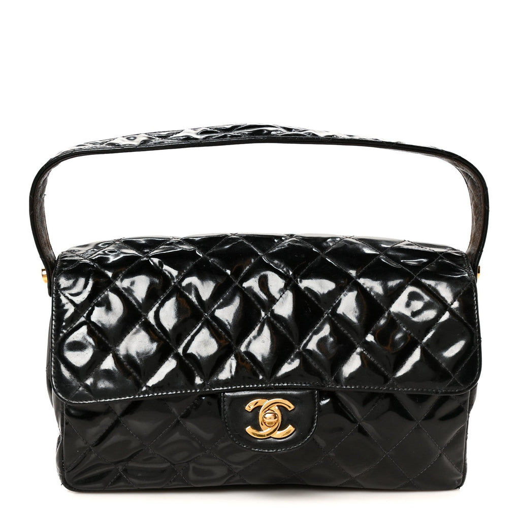 Patent Quilted Double Sided Shoulder Flap Bag Black