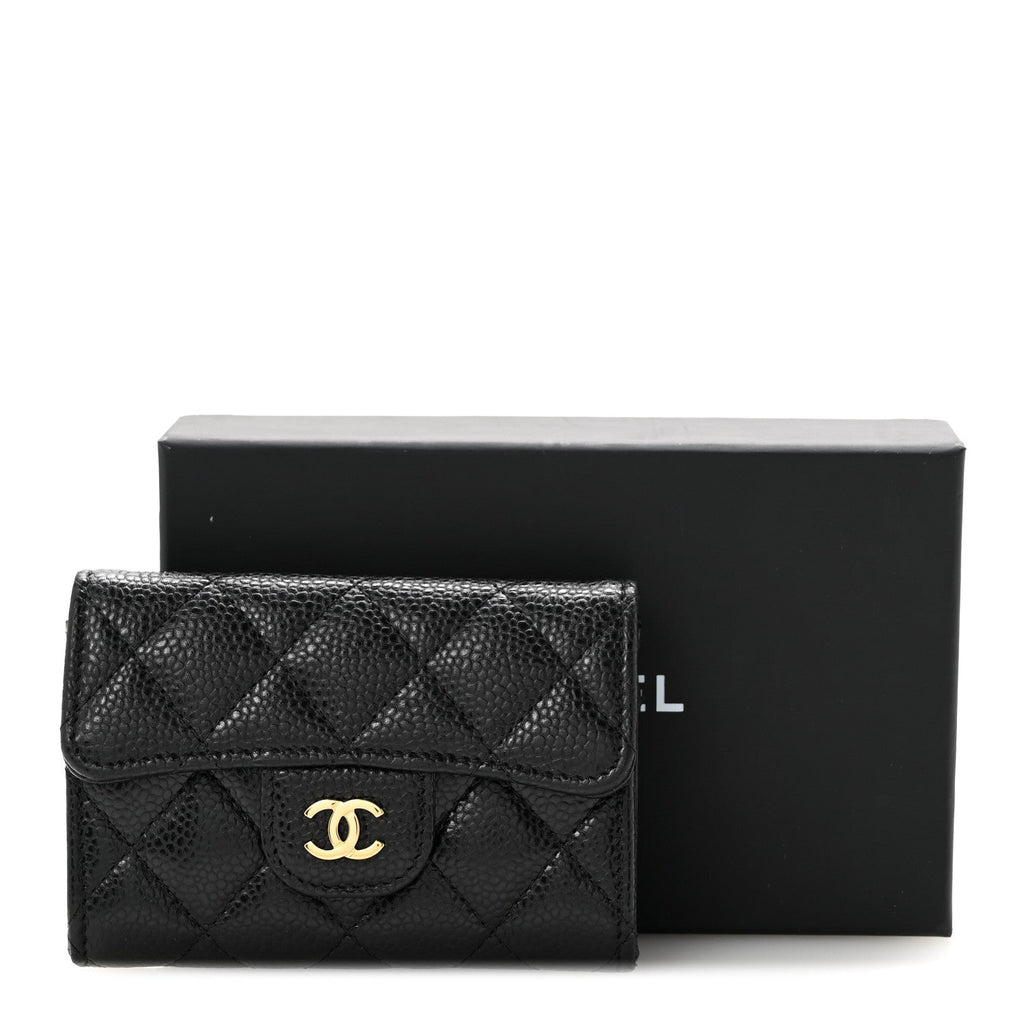 Caviar Quilted Flap Card Holder Wallet Black