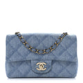 Printed Denim Quilted Mini Rectangular Flap Light Blue