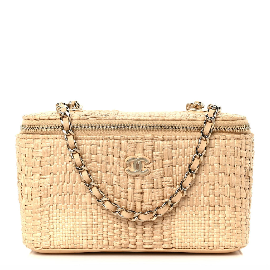 Braided Raffia Quilted Top Handle Slim Vanity Case With Chain Beige