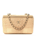 Braided Raffia Quilted Top Handle Slim Vanity Case With Chain Beige