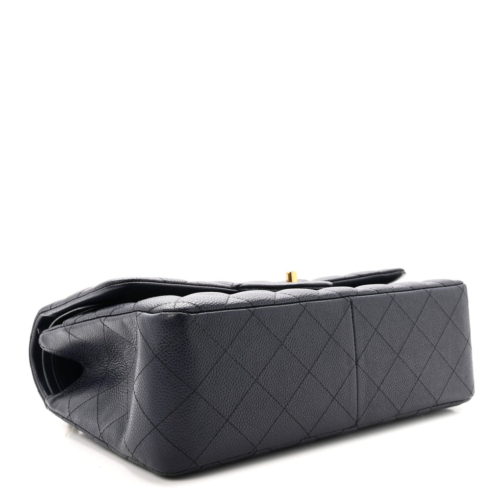 Caviar Quilted Jumbo Double Flap Navy Blue