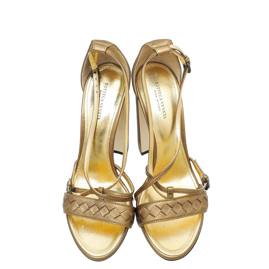 Bottega Veneta Metallic Gold Cross Strap 115mm Sandals 38