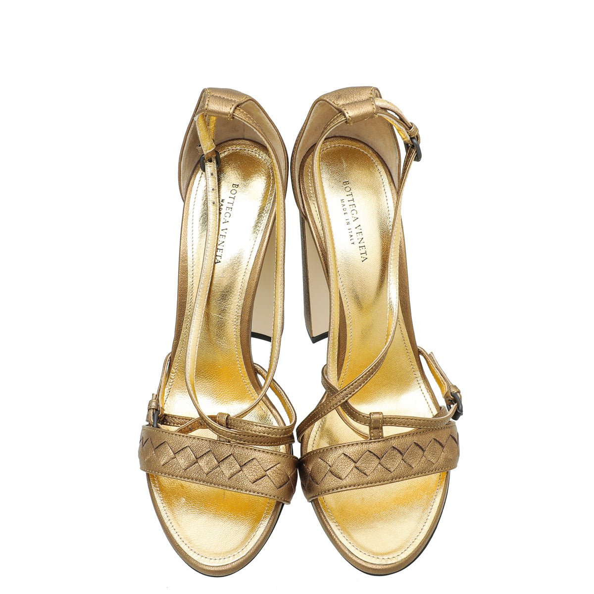 Bottega Veneta Metallic Gold Cross Strap 115mm Sandals 38
