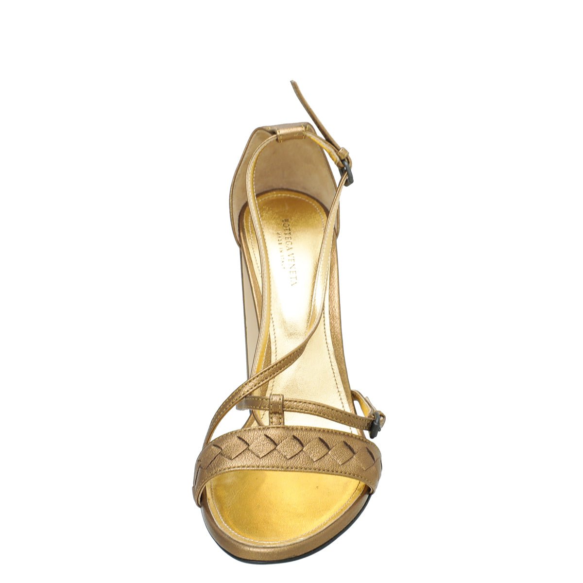 Bottega Veneta Metallic Gold Cross Strap 115mm Sandals 38