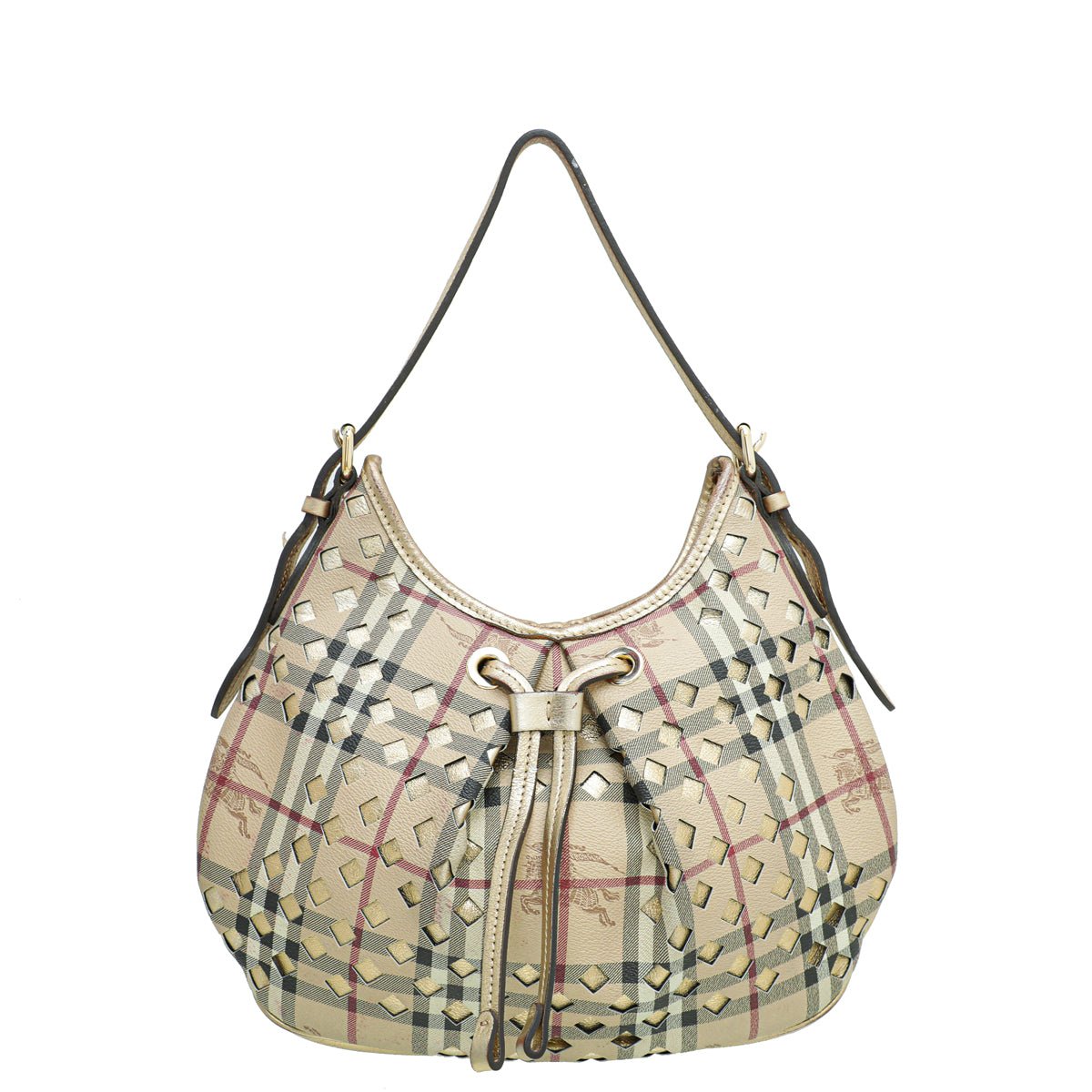 Burberry Bicolor Haymarket Check Cutout Drawstring Hobo Bag