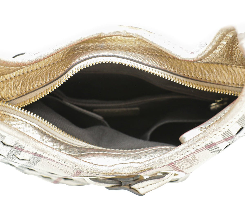 Burberry Bicolor Haymarket Check Cutout Drawstring Hobo Bag