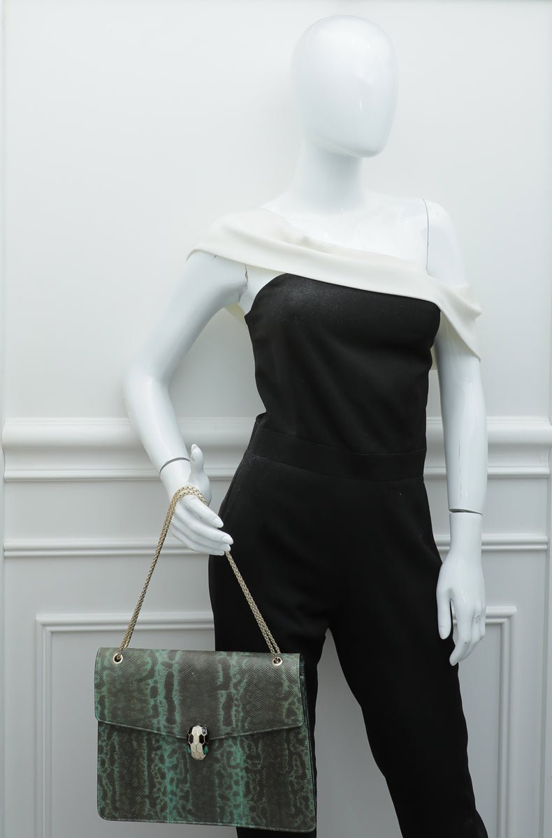 Bvlgari Green Karung Skin Serpenti Forever Flap Chain Large Bag