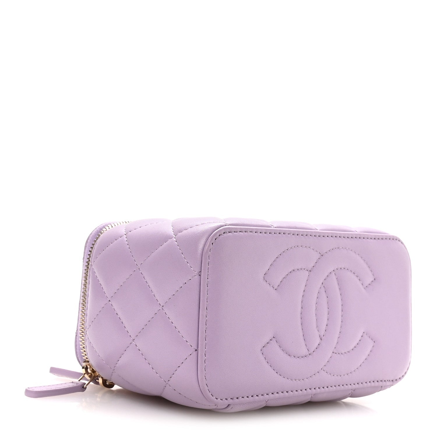 Lambskin Quilted Baguette Crystal Top Handle Vanity Case With Chain Purple