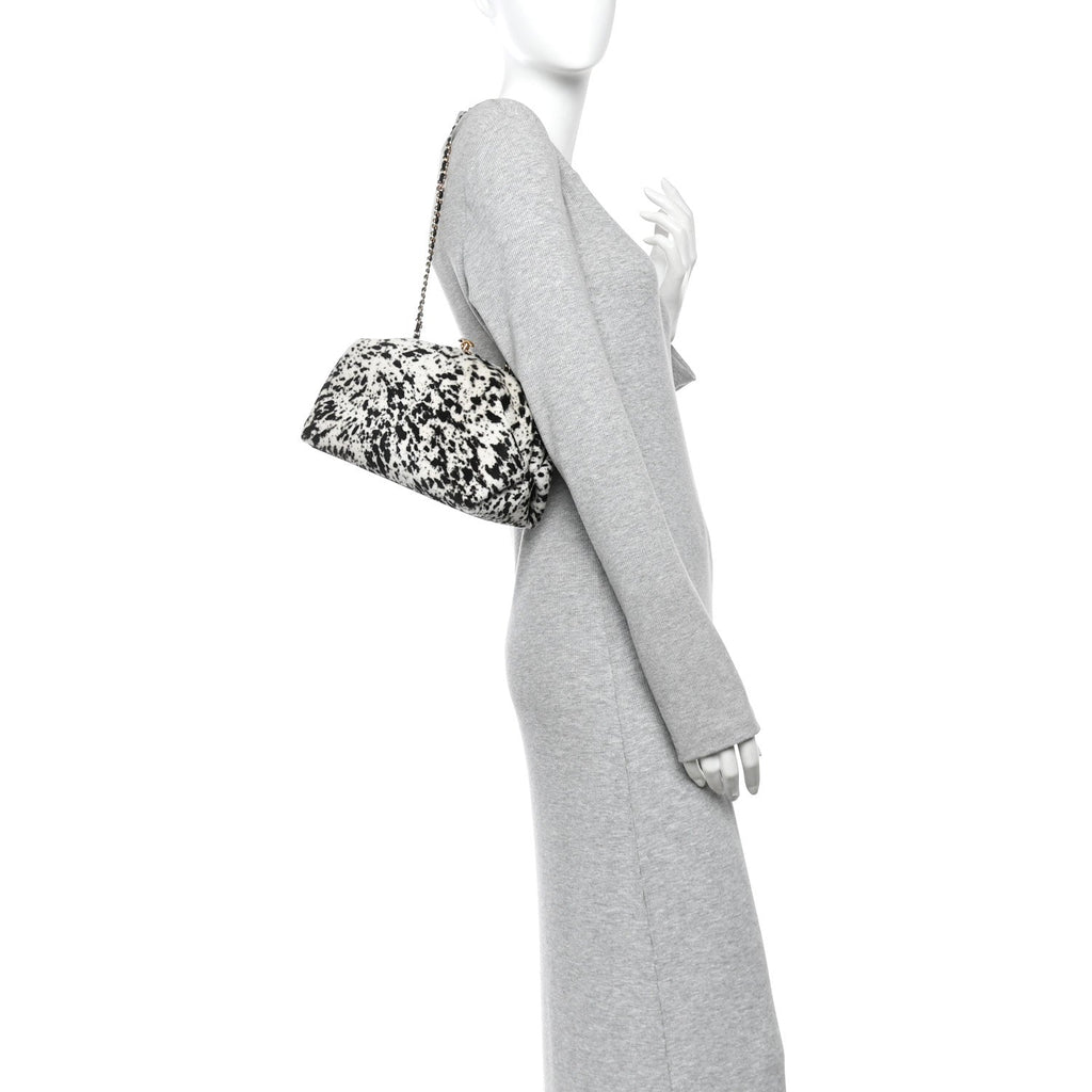 Pony Hair Printed Clutch With Chain Black White