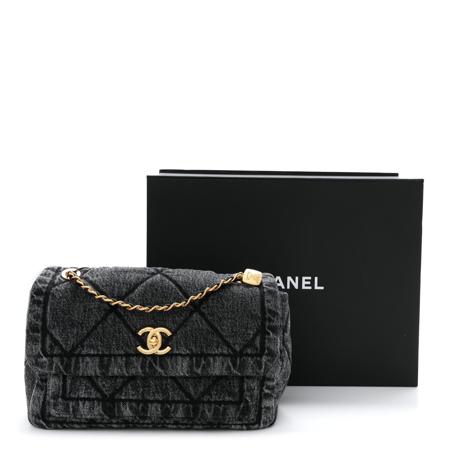 Washed Denim Quilted Large Flap Bag Black