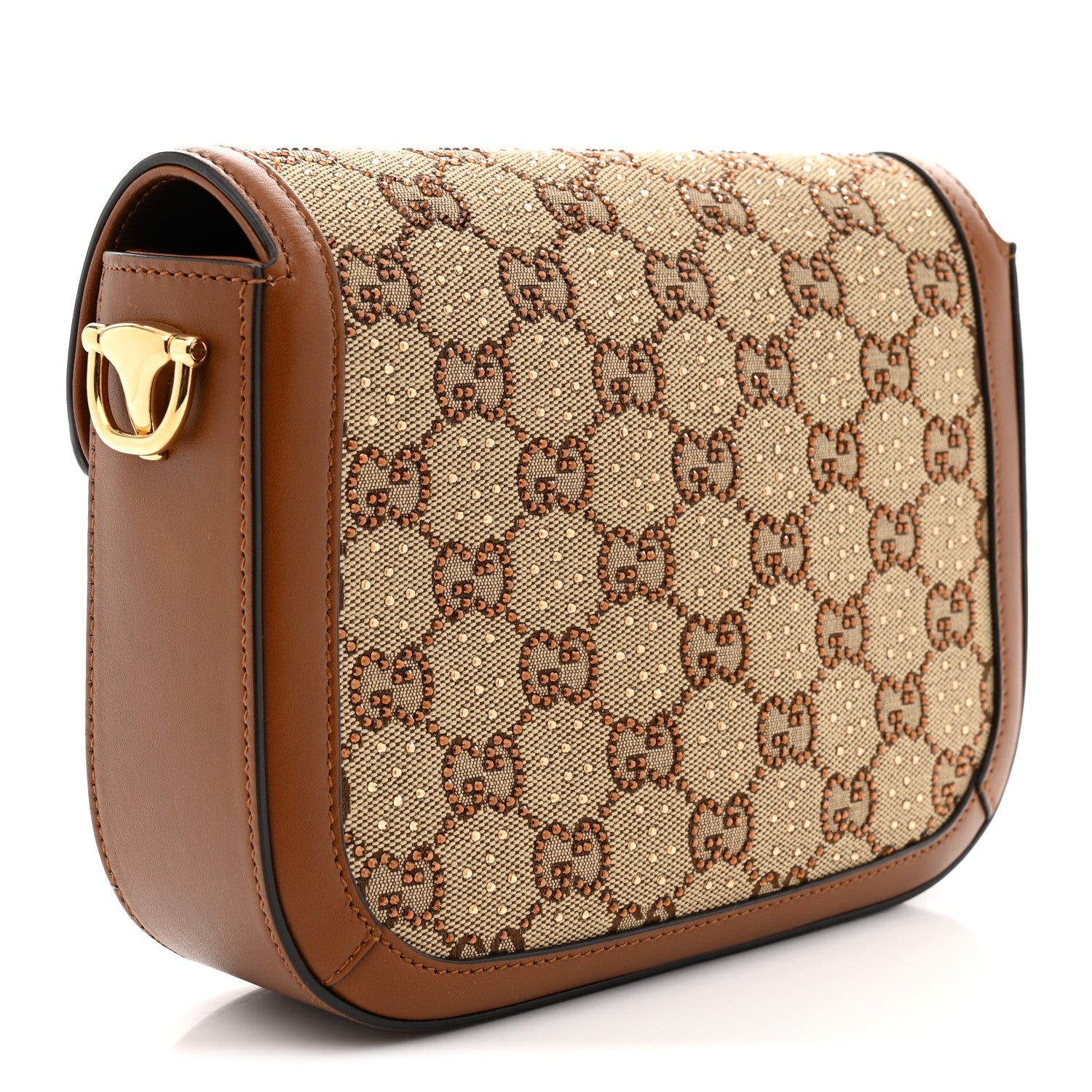 New Canvas Charisma Calfskin Crystal GG Monogram Mini Horsebit 1955 Shoulder Bag Camel Ebony