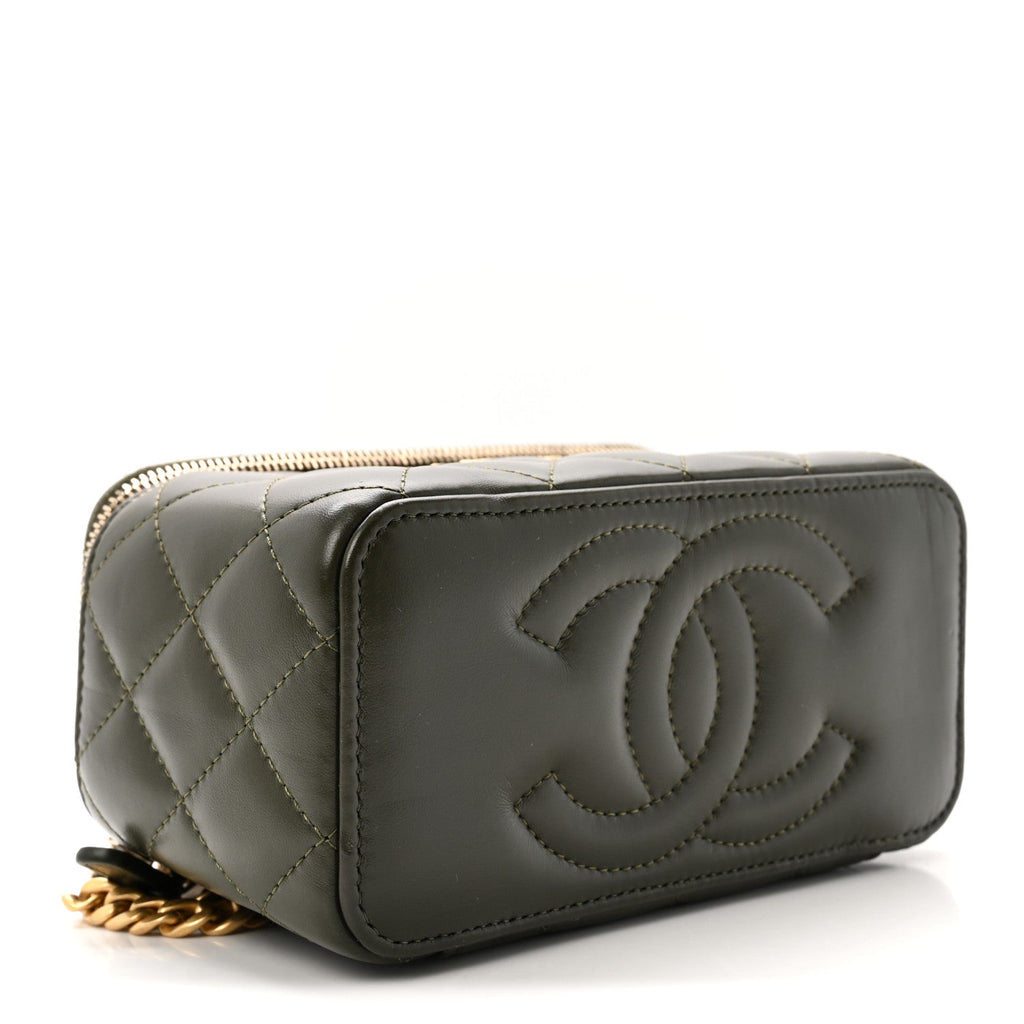 Lambskin Quilted Small Pillow Crush Vanity Case With Chain Green