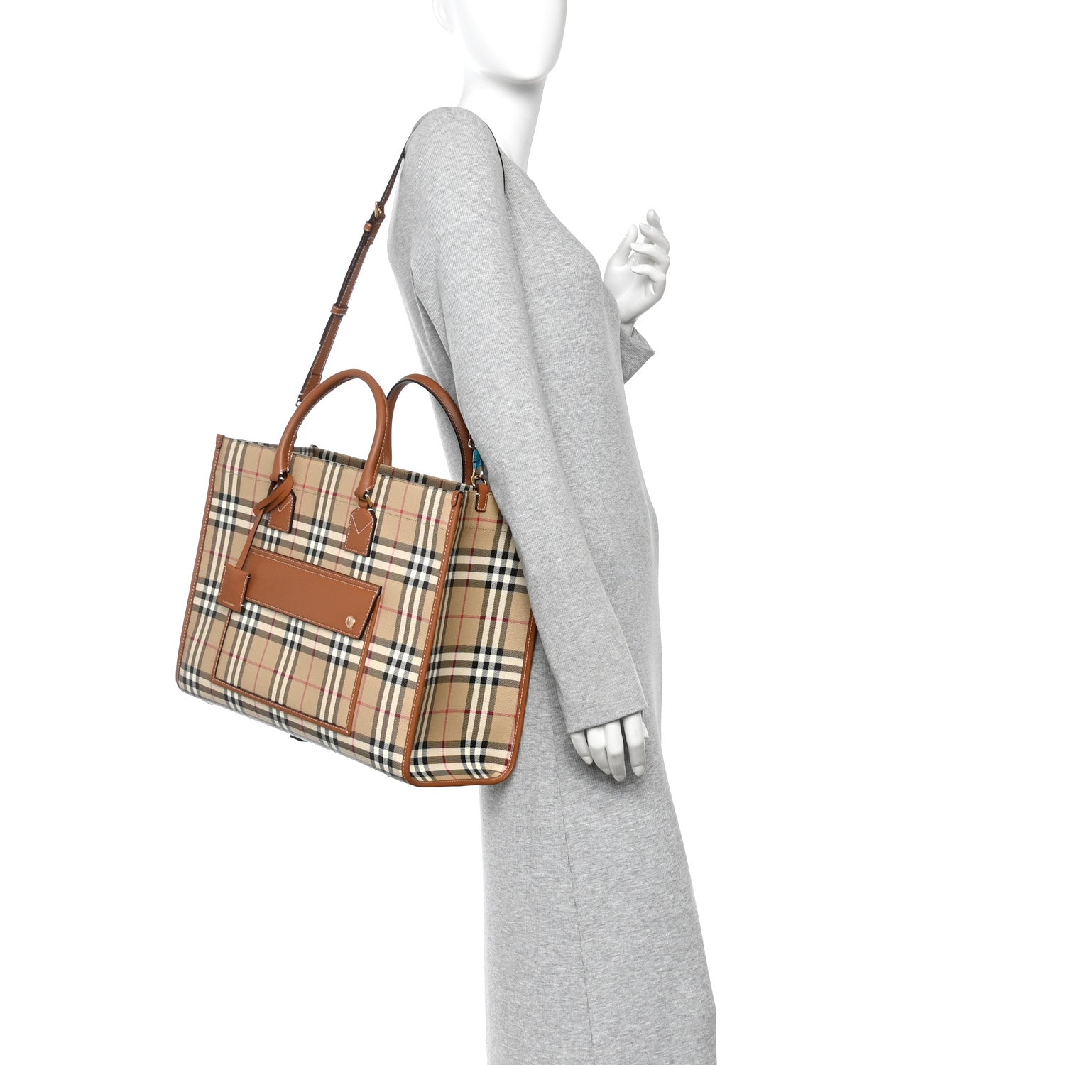 Canvas Vintage Check Calfskin Medium Freya Tote Briar Brown