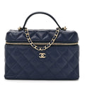 Caviar Quilted Top Handle Slim Vanity With Chain Navy