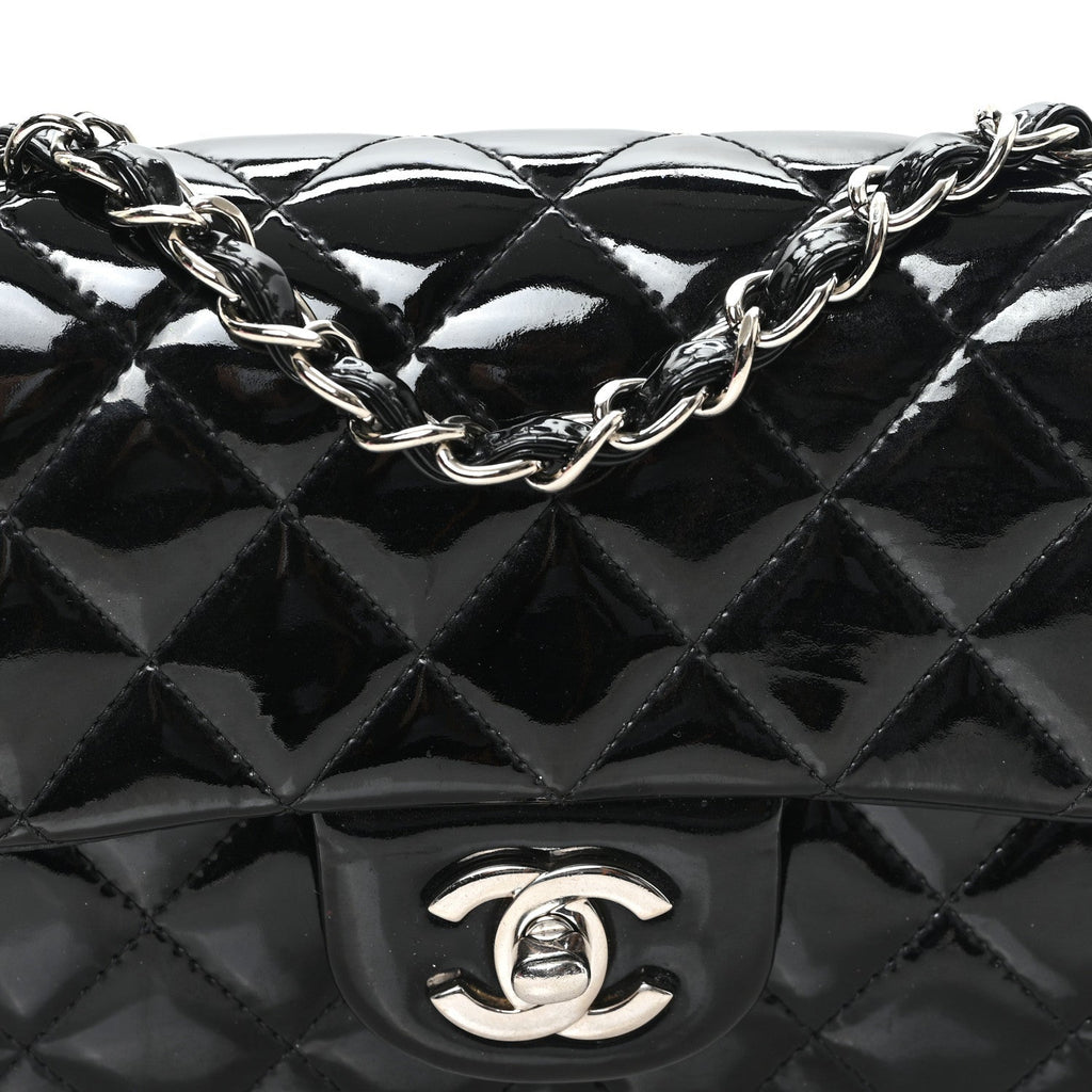 Patent Calfskin Quilted Mini Rectangular Flap Black