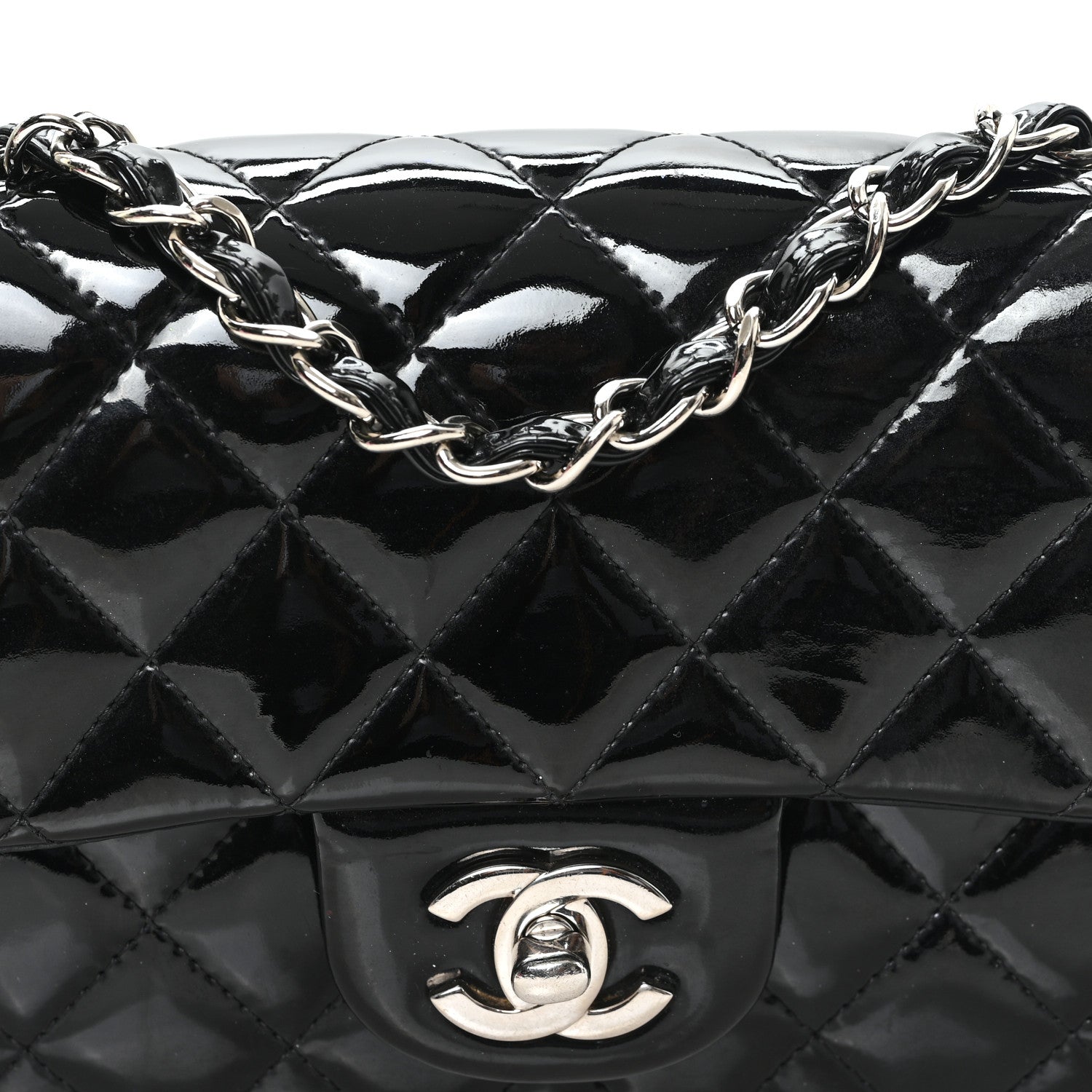 Patent Calfskin Quilted Mini Rectangular Flap Black