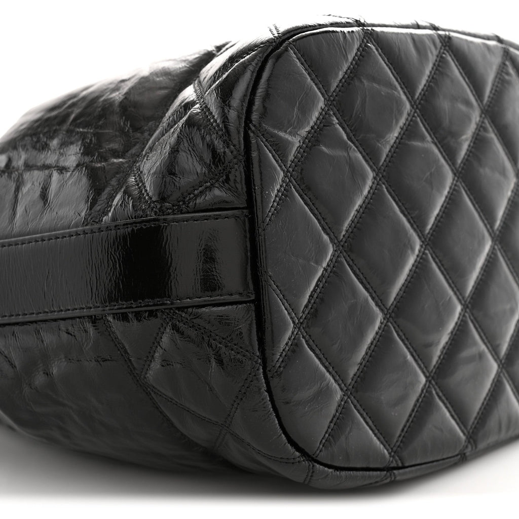 Shiny Aged Calfskin CC Chain Drawstring Bag Black