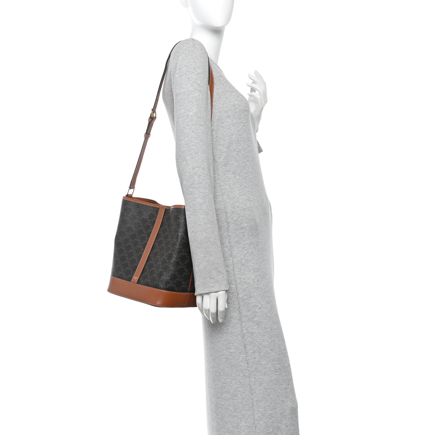 Triomphe Canvas Calfskin Medium Bucket Bag Tan