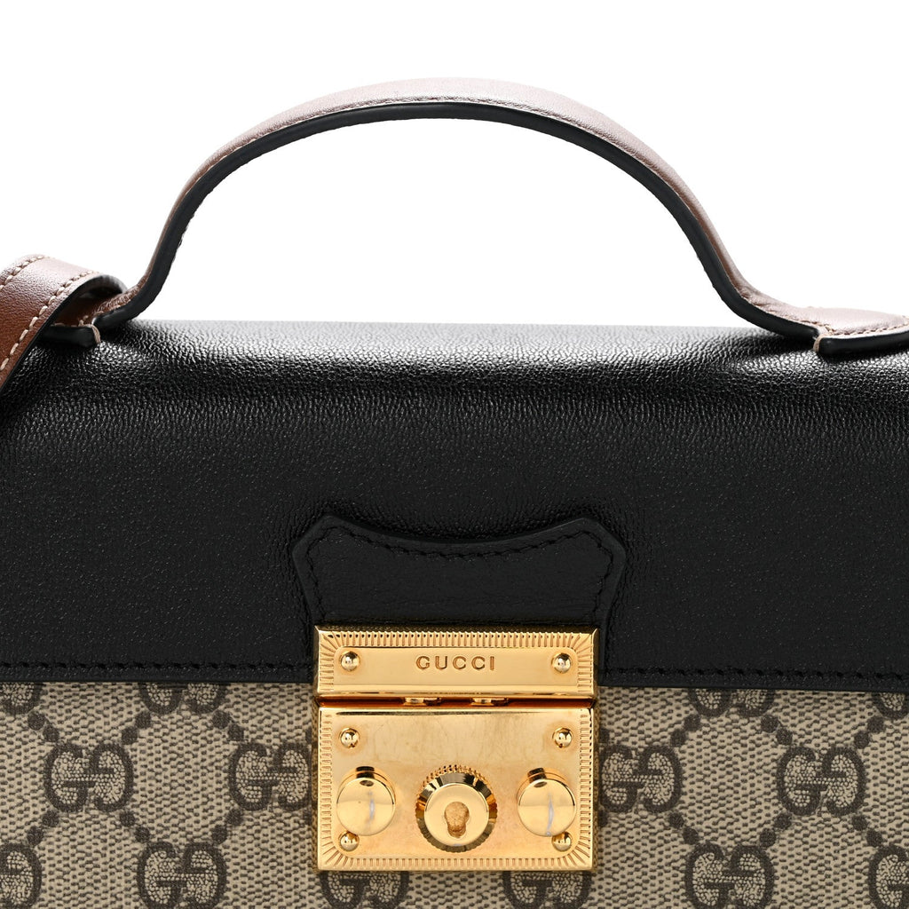 GG Supreme Monogram Calfskin Mini Padlock Top Handle Shoulder Bag Beige Black Cuir