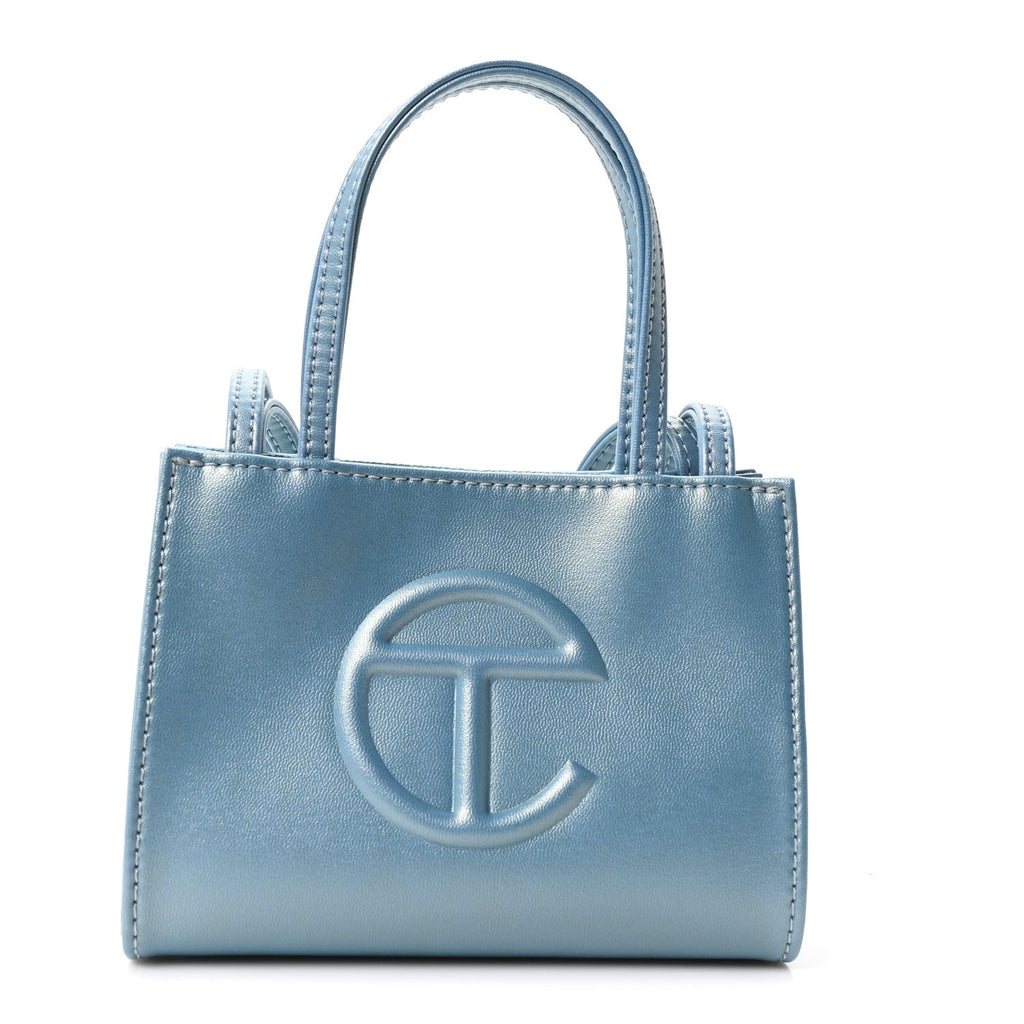 Metallic Vegan Leather Small Shopping Bag Blue Ray