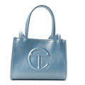Metallic Vegan Leather Small Shopping Bag Blue Ray