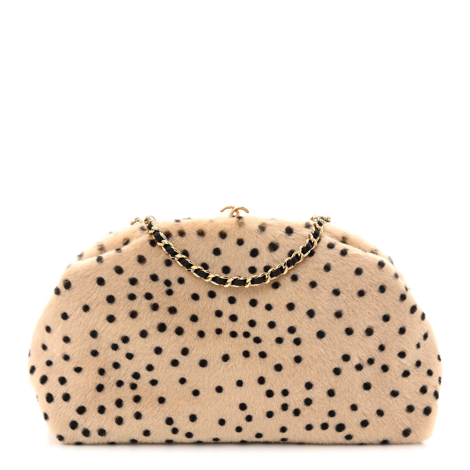 Pony Hair Cheetah Printed Lambskin Clutch With Chain Beige Black