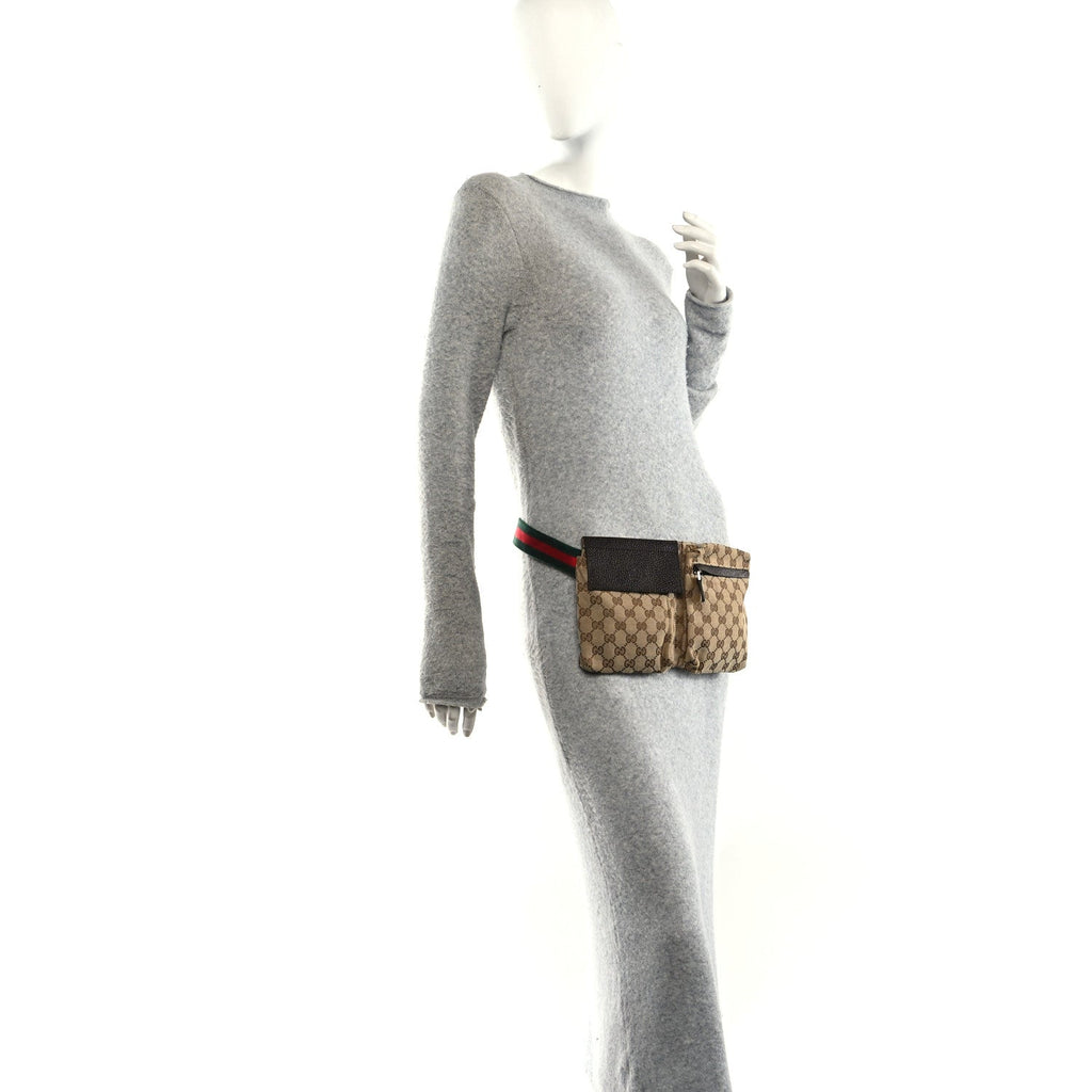 GG Monogram Web Double Pocket Belt Bag Dark Brown
