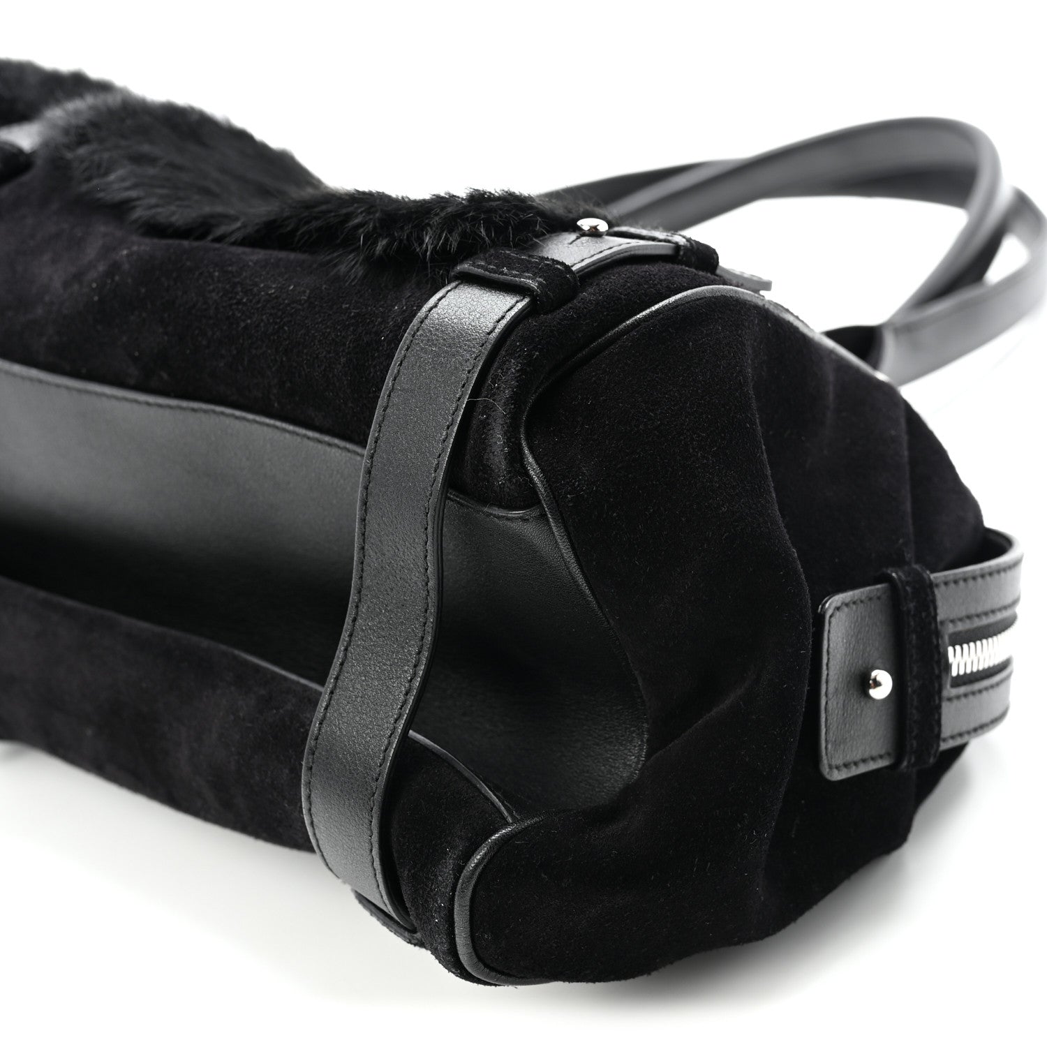 Fur Calfskin Suede Top Handle East West Tote Bag Black
