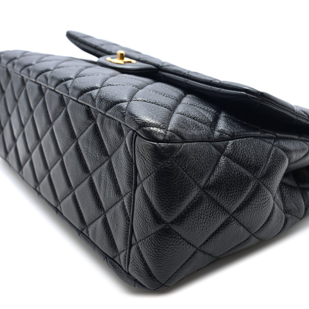 Grained Calfskin Quilted XXL Travel Flap Bag Black
