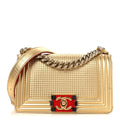 Metallic Lambskin Embossed Small Cube Boy Flap Gold