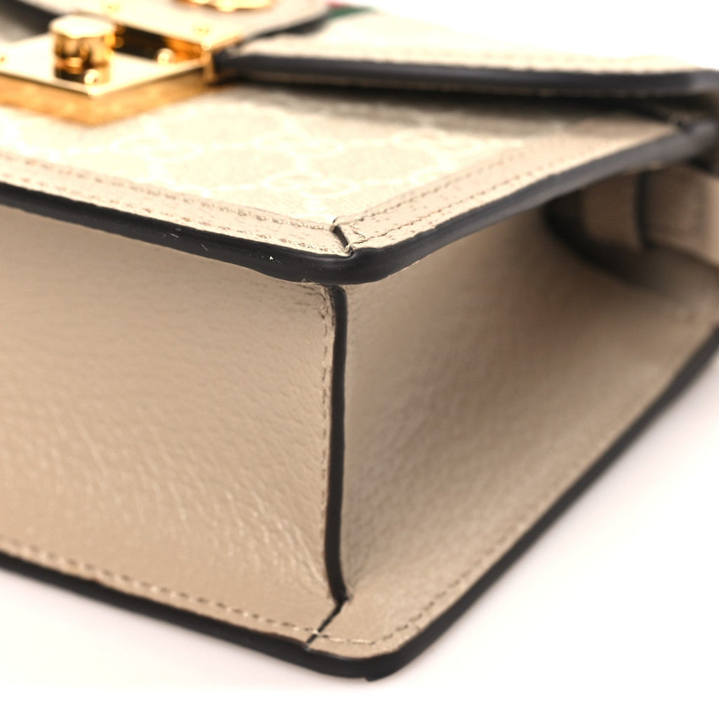 GG Supreme Monogram Textured Dollar Calfskin Web Mini Ophidia Padlock Top Handle Chain Shoulder Bag Beige Mystic White Oatmeal