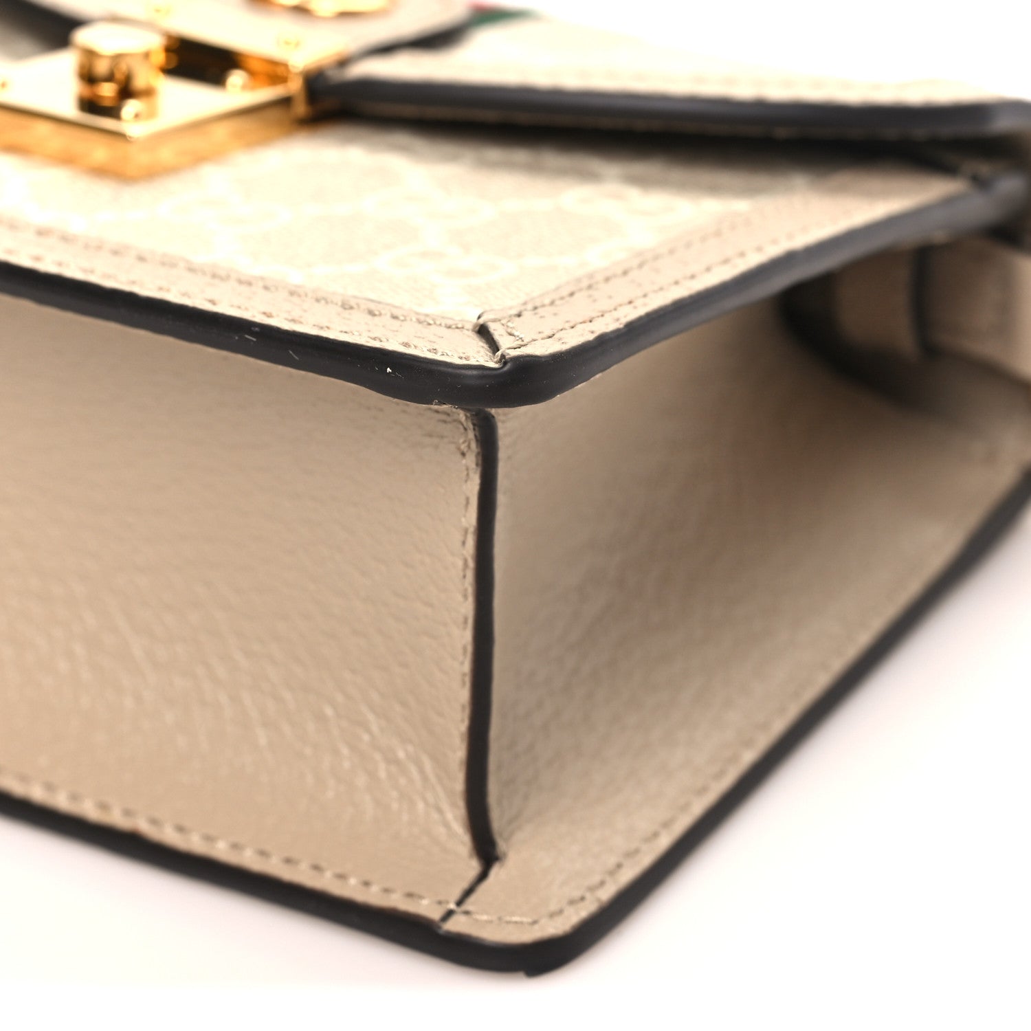 GG Supreme Monogram Textured Dollar Calfskin Web Mini Ophidia Padlock Top Handle Chain Shoulder Bag Beige Mystic White Oatmeal